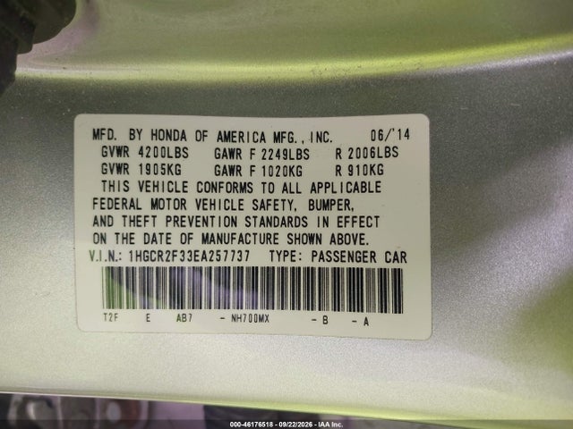 Aukcja sprzedaży 2014 Honda Accord Lx, vin: 1HGCR2F33EA257737, numer aukcji: 46176518