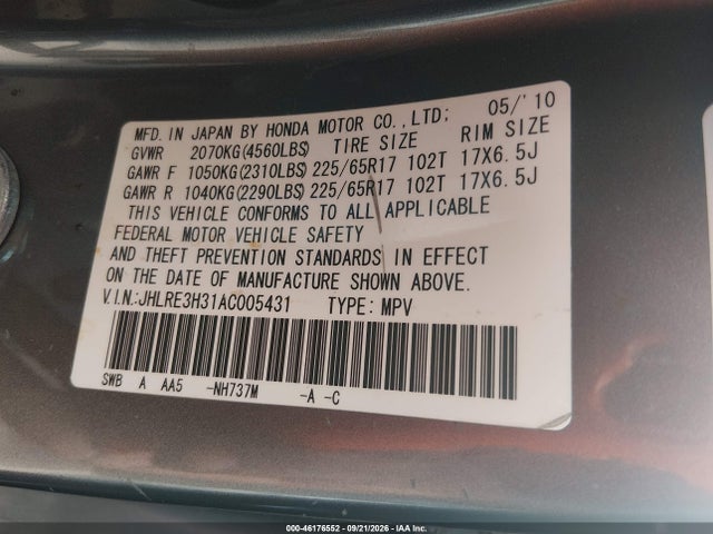 Aukcja sprzedaży 2010 Honda Cr-v Lx, vin: JHLRE3H31AC005431, numer aukcji: 46176552