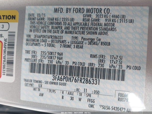 Ford FUSION SE 2015 3FA6P0H76FR286331 Image 9
