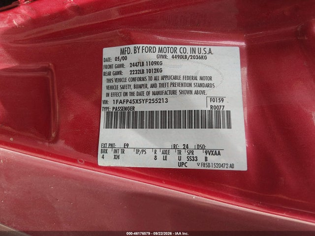 2000 Ford Mustang Gt მანქანა იყიდება აუქციონზე, vin: 1FAFP45X5YF255213, აუქციონის ნომერი: 46176579