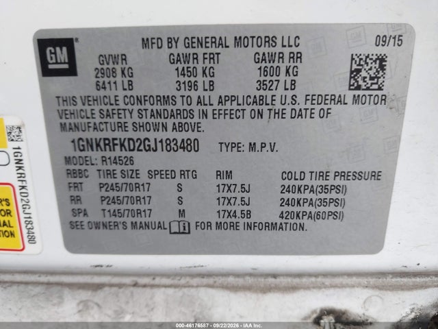 46176587 :رقم المزاد ، 1GNKRFKD2GJ183480 vin ، 2016 Chevrolet Traverse Ls مزاد بيع