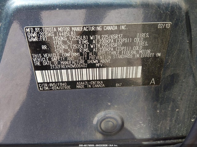 Продажа на аукционе авто 2013 Toyota Rav4 Le, vin: 2T3ZFREV4DW006402, номер лота: 46176589