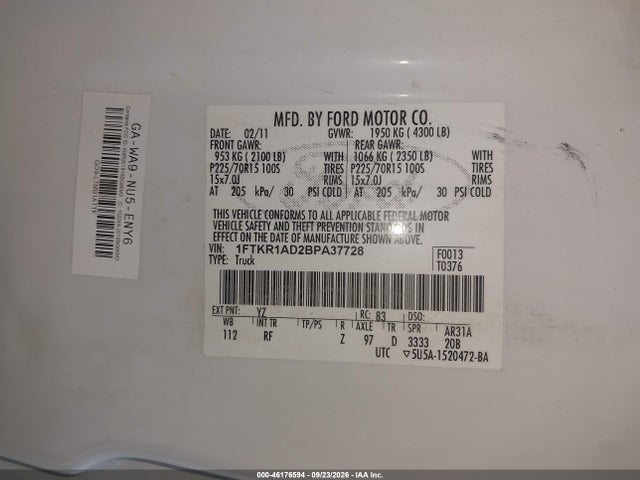 Продажа на аукционе авто 2011 Ford Ranger Xl, vin: 1FTKR1AD2BPA37728, номер лота: 46176594