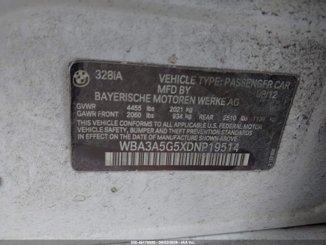 Продаж на аукціоні авто 2013 Bmw 328i, vin: WBA3A5G5XDNP19514, номер лоту: 46176595