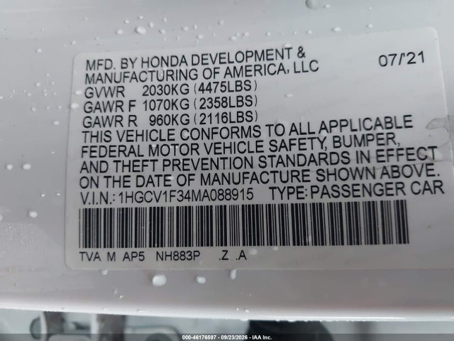 Продажа на аукционе авто 2021 Honda Accord Sport, vin: 1HGCV1F34MA088915, номер лота: 46176597