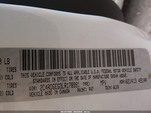 Aukcja sprzedaży 2020 Dodge Grand Caravan Gt, vin: 2C4RDGEG3LR178991, numer aukcji: 46176600