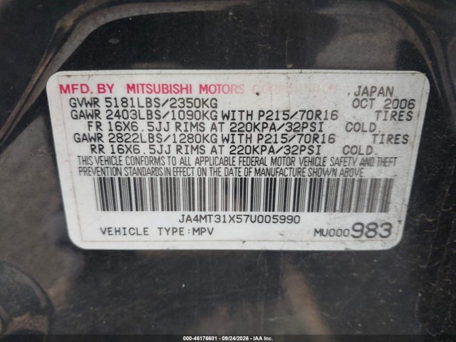2007 Mitsubishi Outlander Ls მანქანა იყიდება აუქციონზე, vin: JA4MT31X57U005990, აუქციონის ნომერი: 46176601
