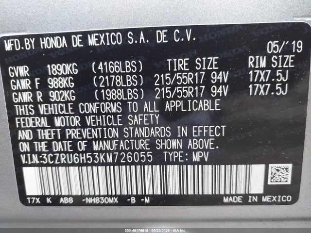Продажа на аукционе авто 2019 Honda Hr-v Ex, vin: 3CZRU6H53KM726055, номер лота: 46176618