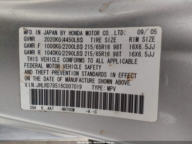 Продаж на аукціоні авто 2006 Honda Cr-v Lx, vin: JHLRD78516C007019, номер лоту: 46176624