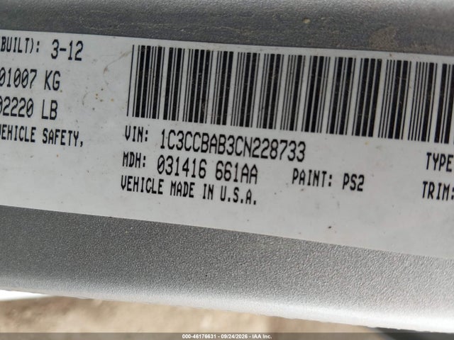 Aukcja sprzedaży 2012 Chrysler 200 Lx, vin: 1C3CCBAB3CN228733, numer aukcji: 46176631
