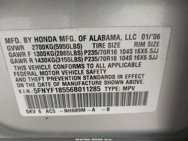 2006 Honda Pilot Ex-l მანქანა იყიდება აუქციონზე, vin: 5FNYF18556B011285, აუქციონის ნომერი: 46176649