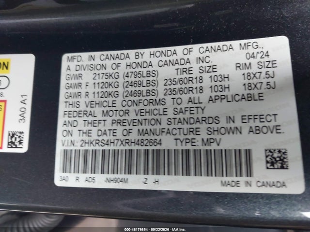 46176654 :رقم المزاد ، 2HKRS4H7XRH482664 vin ، 2024 Honda Cr-v Ex-l Awd مزاد بيع