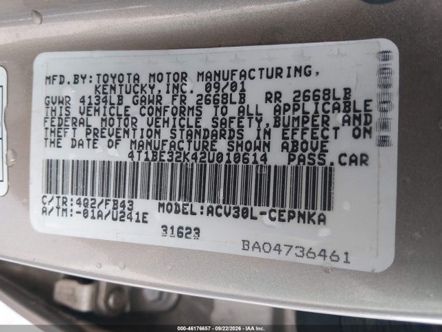 Продаж на аукціоні авто 2002 Toyota Camry Le, vin: 4T1BE32K42U010614, номер лоту: 46176657