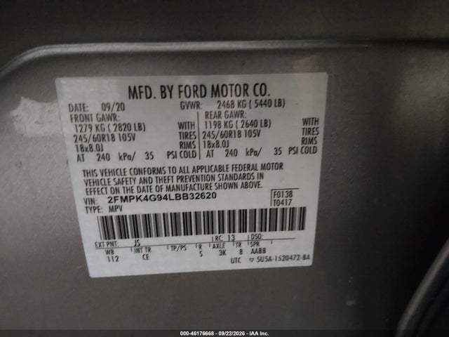 2020 Ford Edge Se მანქანა იყიდება აუქციონზე, vin: 2FMPK4G94LBB32620, აუქციონის ნომერი: 46176668