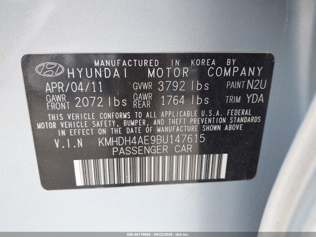 Продажа на аукционе авто 2011 Hyundai Elantra Limited (ulsan Plant), vin: KMHDH4AE9BU147615, номер лота: 46176680