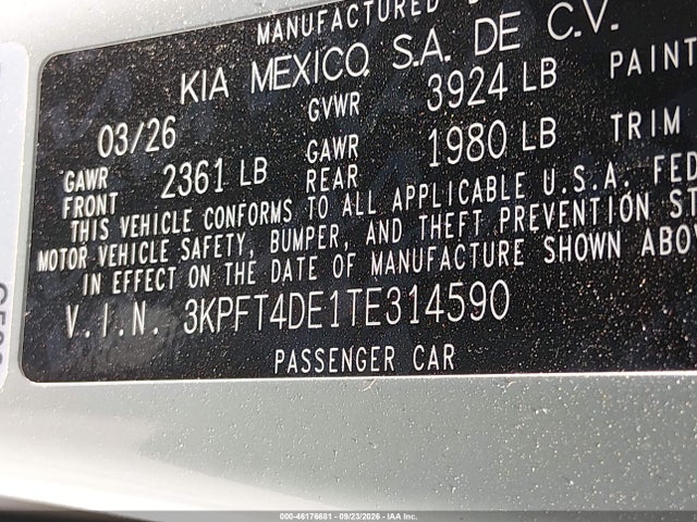 2026 Kia K4 Lxs მანქანა იყიდება აუქციონზე, vin: 3KPFT4DE1TE314590, აუქციონის ნომერი: 46176681