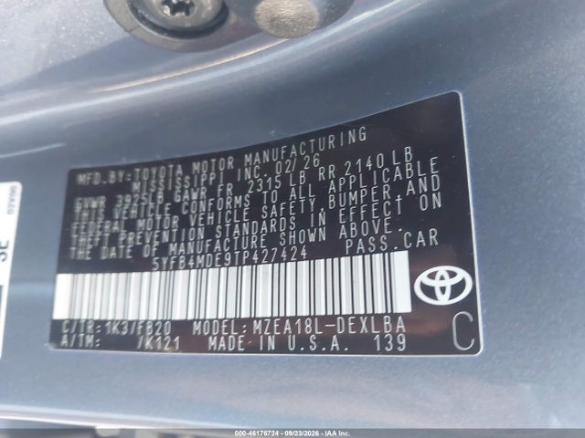 Продаж на аукціоні авто 2026 Toyota Corolla Le, vin: 5YFB4MDE9TP427424, номер лоту: 46176724