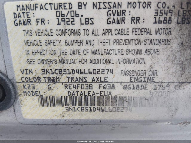 2006 Nissan Sentra 1.8s მანქანა იყიდება აუქციონზე, vin: 3N1CB51D46L602274, აუქციონის ნომერი: 46176736