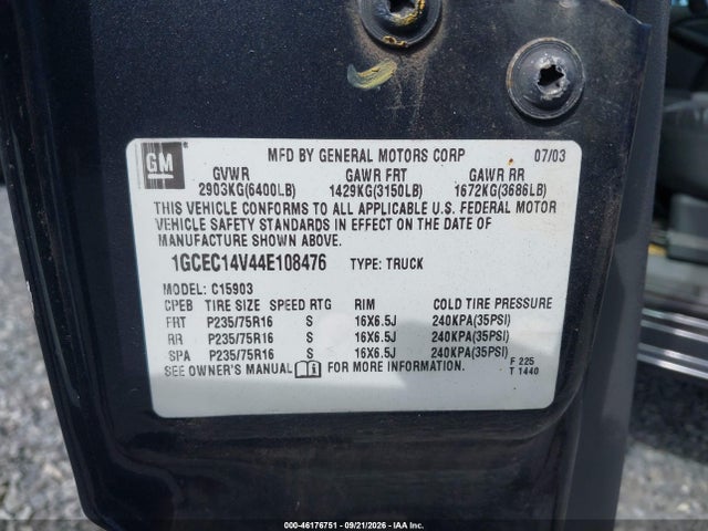 Продаж на аукціоні авто 2004 Chevrolet Silverado 1500 Work Truck, vin: 1GCEC14V44E108476, номер лоту: 46176751
