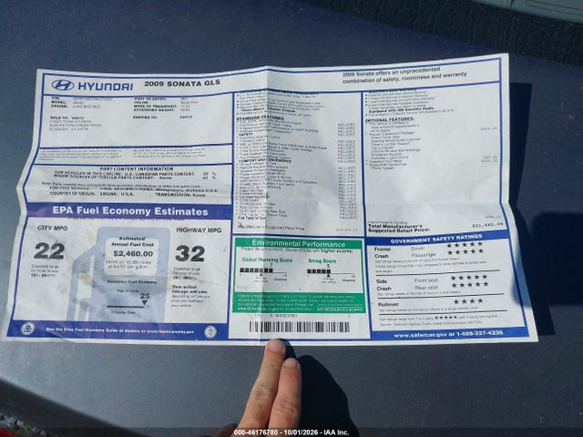 Aukcja sprzedaży 2009 Hyundai Sonata Gls, vin: 5NPET46C59H573322, numer aukcji: 46176780