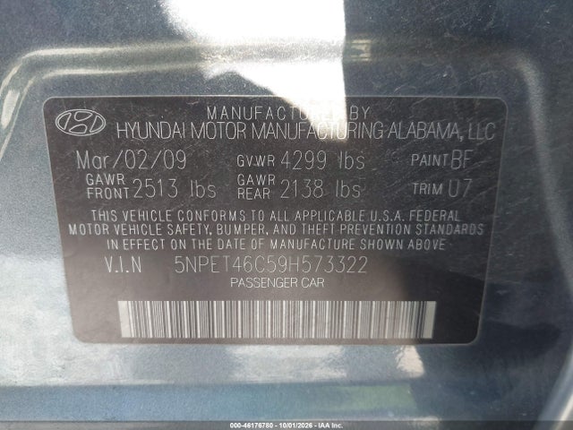 Aukcja sprzedaży 2009 Hyundai Sonata Gls, vin: 5NPET46C59H573322, numer aukcji: 46176780