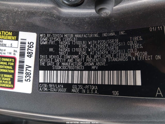 Aukcja sprzedaży 2011 Toyota Sienna Limited, vin: 5TDDK3DC7BS019033, numer aukcji: 46176799