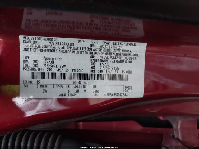2014 Ford Focus Titanium მანქანა იყიდება აუქციონზე, vin: 1FADP3J21EL438763, აუქციონის ნომერი: 46176800