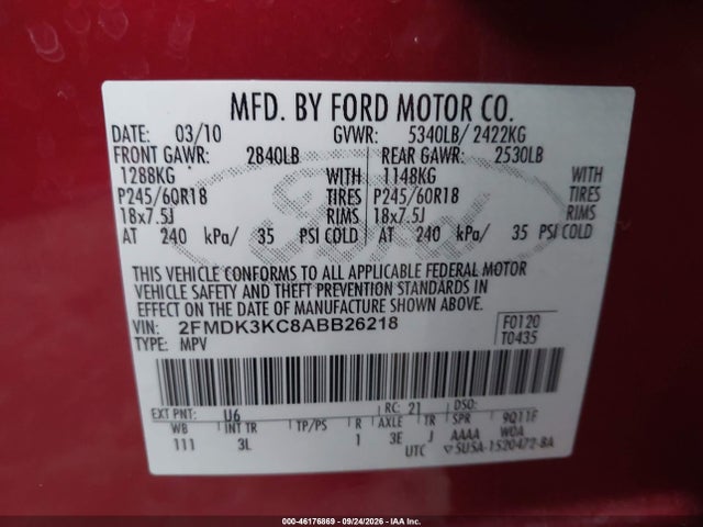 46176869 :رقم المزاد ، 2FMDK3KC8ABB26218 vin ، 2010 Ford Edge Limited مزاد بيع