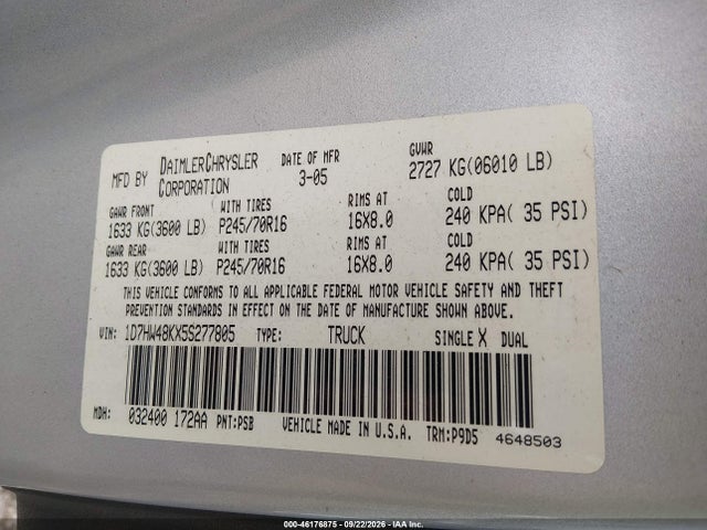 Aukcja sprzedaży 2005 Dodge Dakota Slt, vin: 1D7HW48KX5S277805, numer aukcji: 46176875