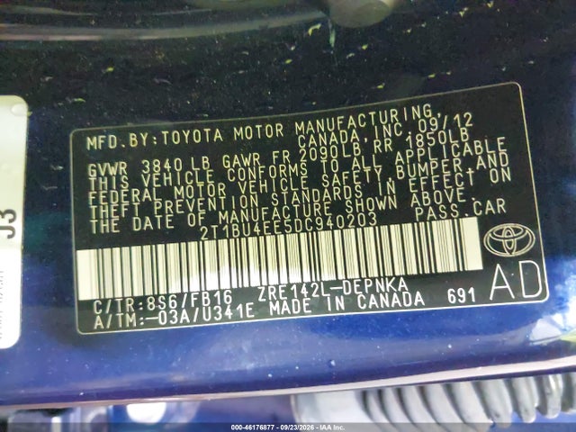 46176877 :رقم المزاد ، 2T1BU4EE5DC940203 vin ، 2013 Toyota Corolla Le مزاد بيع