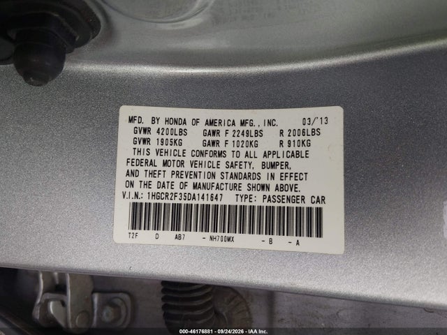 2013 Honda Accord Lx მანქანა იყიდება აუქციონზე, vin: 1HGCR2F35DA141647, აუქციონის ნომერი: 46176881