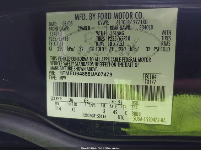 Aukcja sprzedaży 2006 Ford Explorer Eddie Bauer, vin: 1FMEU64886UA07479, numer aukcji: 46176908