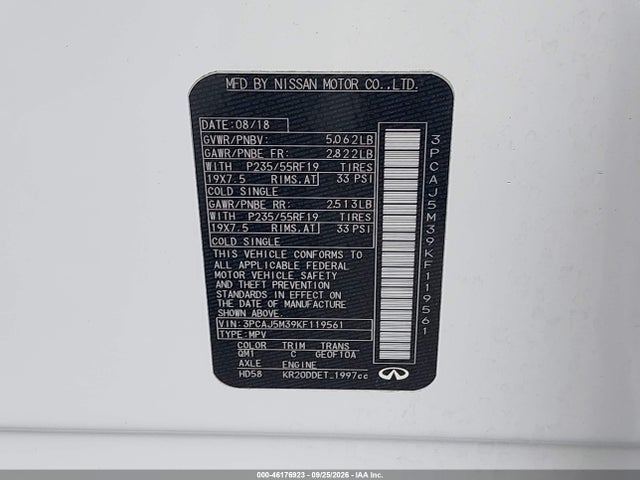 Aukcja sprzedaży 2019 Infiniti Qx50 Essential, vin: 3PCAJ5M39KF119561, numer aukcji: 46176923