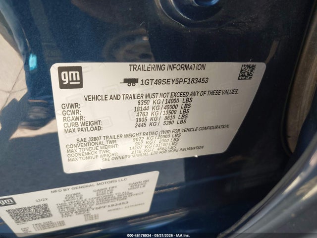 46176934 :رقم المزاد ، 1GT49SEY5PF183453 vin ، 2023 Gmc Sierra 3500hd 4wd  Long Bed Pro مزاد بيع