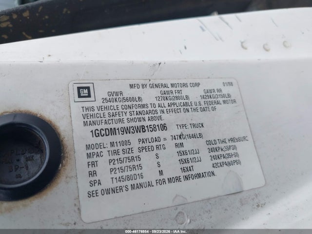 Auction sale of the 1998 Chevrolet Astro, vin: 1GCDM19W3WB158106, lot number: 46176954