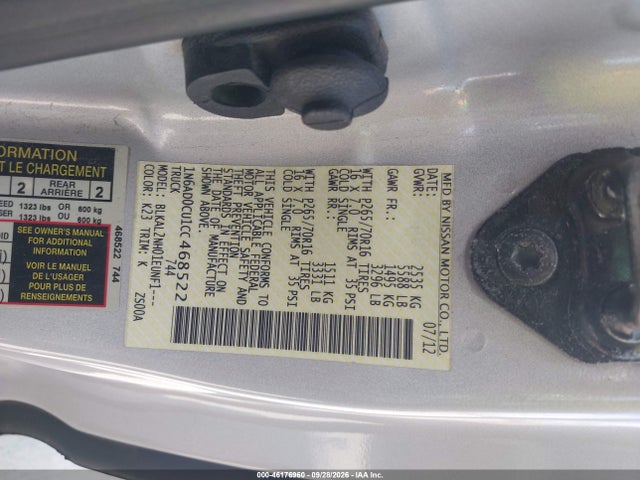 46176960 :رقم المزاد ، 1N6AD0CU1CC468522 vin ، 2012 Nissan Frontier Sv مزاد بيع