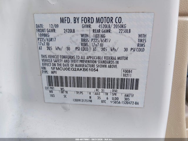Aukcja sprzedaży 2010 Ford Escape Limited, vin: 1FMCU0EG2AKB61054, numer aukcji: 46176961