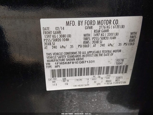 2014 Ford Explorer Limited მანქანა იყიდება აუქციონზე, vin: 1FM5K8F81EGB71331, აუქციონის ნომერი: 46176964