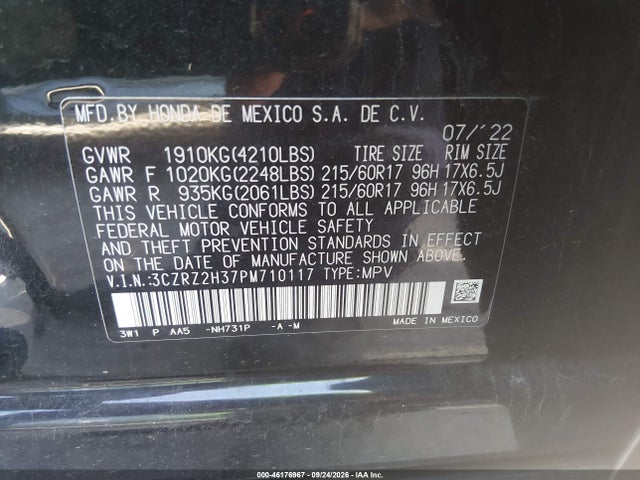 46176967 :رقم المزاد ، 3CZRZ2H37PM710117 vin ، 2023 Honda Hr-v Awd Lx مزاد بيع