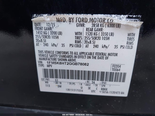 46176969 :رقم المزاد ، 1FM5K8HT2GGB78082 vin ، 2016 Ford Explorer Platinum مزاد بيع
