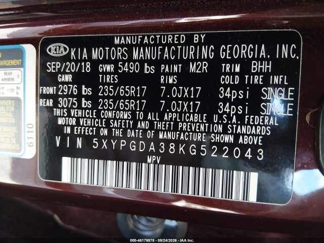 2019 Kia Sorento 2.4l Lx მანქანა იყიდება აუქციონზე, vin: 5XYPGDA38KG522043, აუქციონის ნომერი: 46176978