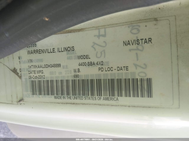 46176981 :رقم المزاد ، 1HTMKAAL0DH348899 vin ، 2013 International 4000 4400 مزاد بيع