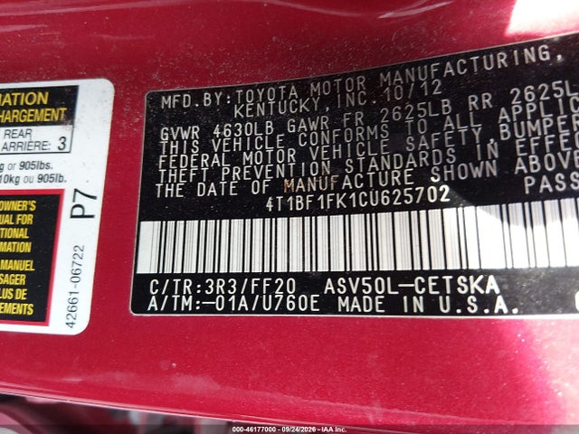 Продажа на аукционе авто 2012 Toyota Camry Se, vin: 4T1BF1FK1CU625702, номер лота: 46177000
