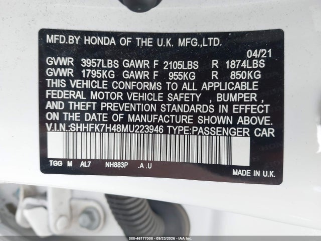 Aukcja sprzedaży 2021 Honda Civic Sport, vin: SHHFK7H48MU223946, numer aukcji: 46177008