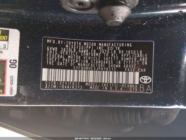 46177010 :رقم المزاد ، 5YFBURHEXJP818313 vin ، 2018 Toyota Corolla Le مزاد بيع