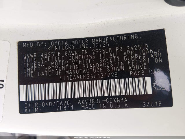 Aukcja sprzedaży 2025 Toyota Camry Le, vin: 4T1DAACK2SU131729, numer aukcji: 46177023