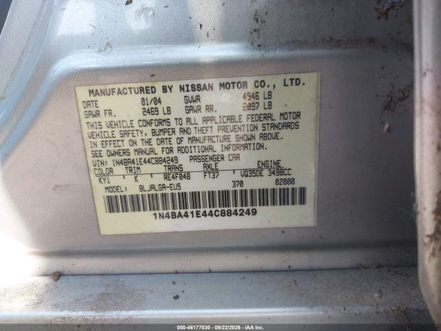 46177030 :رقم المزاد ، 1N4BA41E44C884249 vin ، 2004 Nissan Maxima 3.5 Sl مزاد بيع