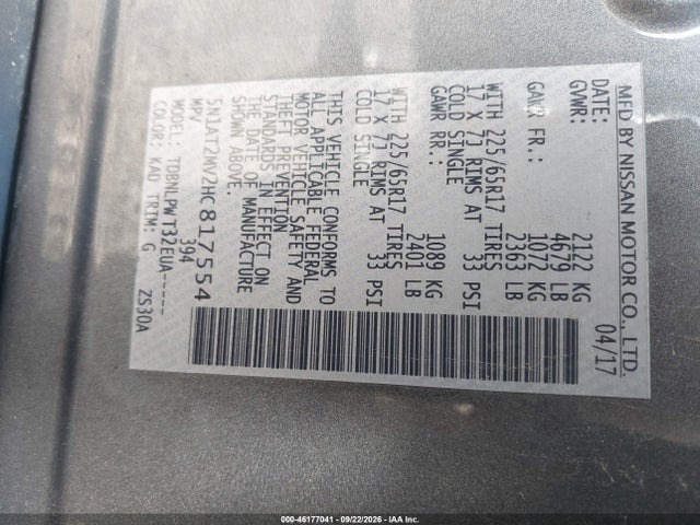 46177041 :رقم المزاد ، 5N1AT2MV2HC817554 vin ، 2017 Nissan Rogue S مزاد بيع