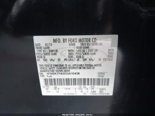 46177049 :رقم المزاد ، 1FM5K7F83DGA10438 vin ، 2013 Ford Explorer Limited مزاد بيع