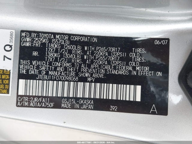 2007 Toyota Fj Cruiser მანქანა იყიდება აუქციონზე, vin: JTEBU11F070098068, აუქციონის ნომერი: 46177061